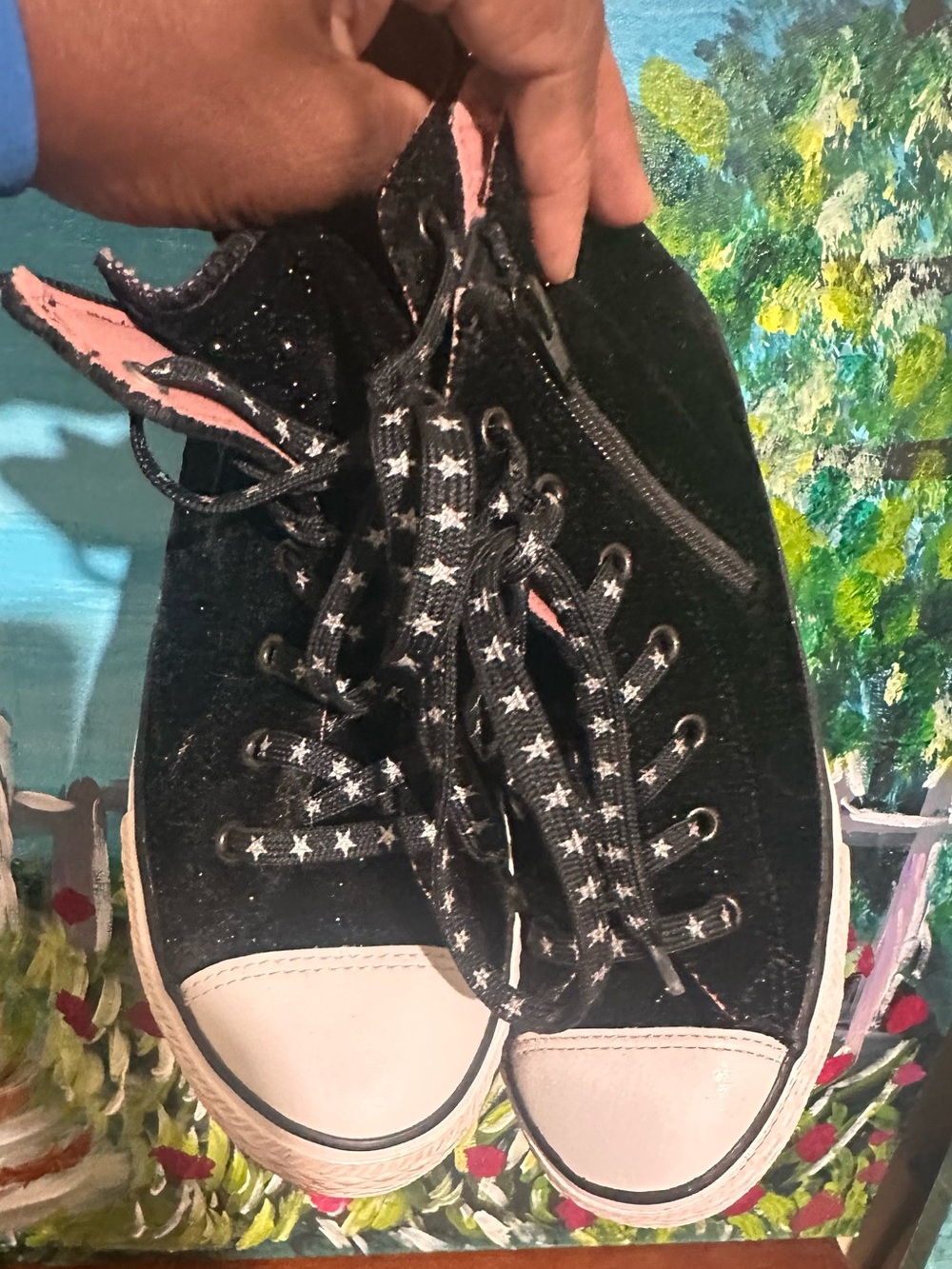 Chuck Taylors Size 5 Black Velvet High-Top Sneakers with Star Laces